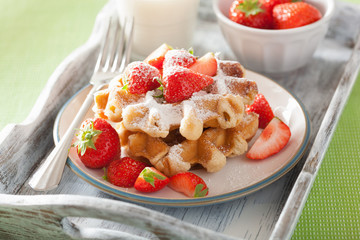 belgian waffles with icing sugar and strawberry