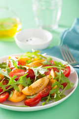 tomato salad with arugula over green background