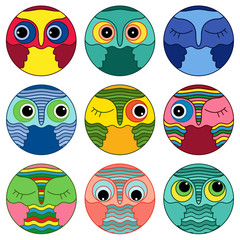 Nine amusing owl faces in a circle
