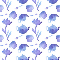 Tea set. Seamless pattern with teapot, spoon, teacup and flower