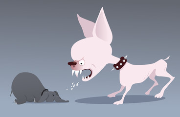 Furious mutt snarling at a submissive elephant as a metaphor for bullying and verbal aggression, EPS 8 vector illustration