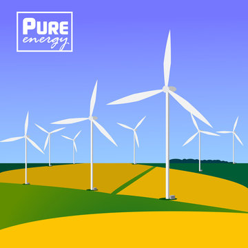 Wind turbines with landscape. Eco saving technology.