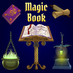 Open magic book and set of fairy tale elements