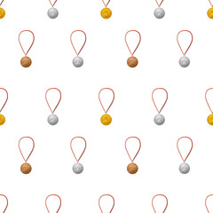 Gold, silver ang bronze medals with ribbon on white seamless