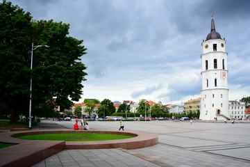 Naklejka premium The Cathedral belfry and Square in central Vilnius on summer