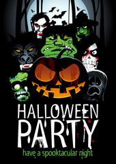 Halloween party design with  pumpkin, zombie, werewolf, death, witch, vampire.