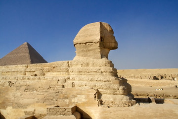 Fototapeta na wymiar Egyptian Sphinx, the Egyptian pyramids, historical sites, ancient monuments of mankind. Ruins of antiquity, travel and tourism. Archaeological excavations. Ancient civilization of the pharaohs.
