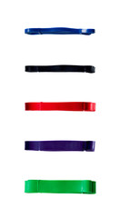 Set of five latex power resistance bands for fitness, muscle building