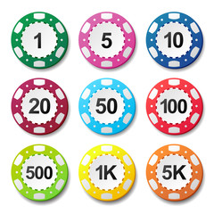 Gambling casino poker chips numbers color sign