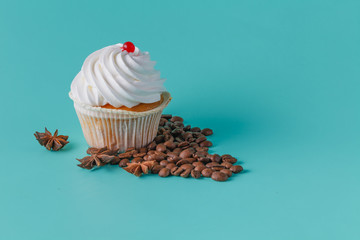 colorful pink cupcake on aquamarine background