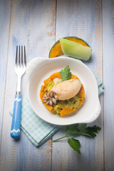 sepia with steamed pumpkins and leek salad