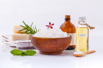 Fototapeta na wymiar Sea salt natural spa ingredients ,herbs,soap and massage oils f