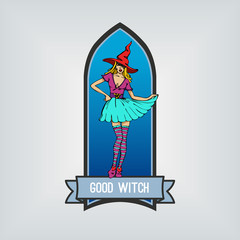 Cute witch. Beautiful stylish girl in witch halloween costume with ribbon for text. Halloween logo design template (text is removable). Happy Halloween icon. Colorful vector illustration.