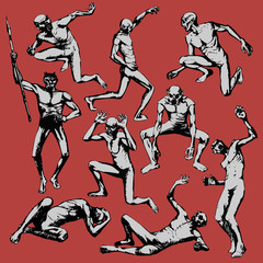 Obraz premium Zombie. Set of zombies in different poses isolated on the red background. Vector illustration.