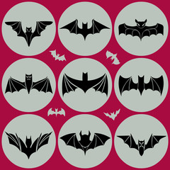 Cartoon set of black silhouettes of different bats in flat graphic style. Design elements for Halloween, for tattoo. Frames, labels, icons and stickers. Vector.