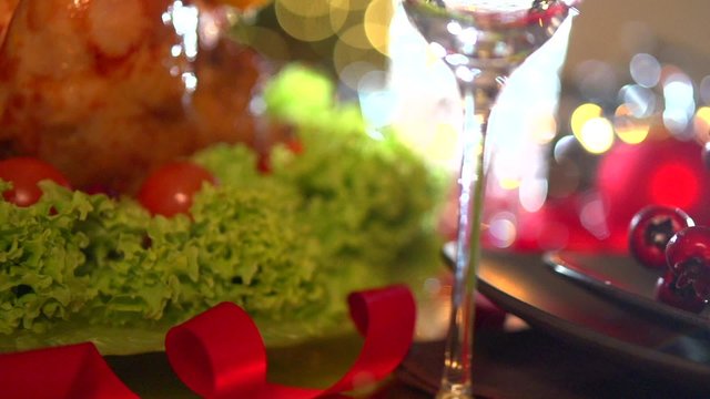 Christmas dinner. Holiday decorated table setting with turkey