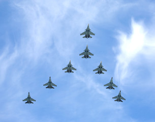 Russian military supersonic fighters SU-30SM and SU-35S Flanker flights against the blue sky