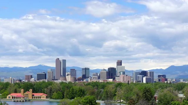Blue sky and clouds over the downtown skyline of Denver, Colorado. 4K UHD time lapse. ProRes 422.