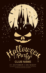 Halloween party with an old Gothic castle on the background of the full moon