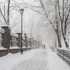 winter city park in morning