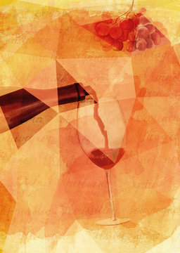 Wine poster design with watercolor red wine poured into glass and bunch of grapes