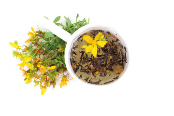 Tea in cup with dried flowers tutsan, Hypericum fresh flowers on the white background