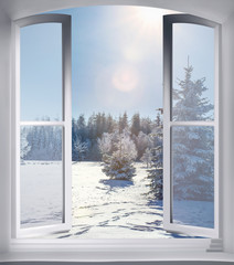 modernes, geöffnetes Fenster mir Blick auf einen verschneiten Winterwald 
