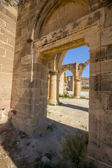 View through Saint Mamas Gothic Church ruins at the  deserted village of Ayios Sozomenos, Cyprus