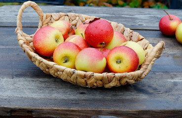 Apples in basket on wooden table