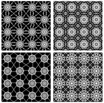 Collection of black and white classical vintage patterns, seamless black tile with white geometric line patterns