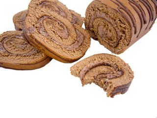 sweet chocolate roulade sliced and isolated 