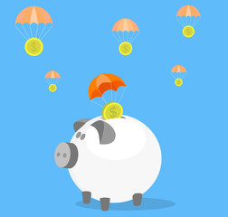 Money investments conceptual illustration. Parachute coins landing in money box. 