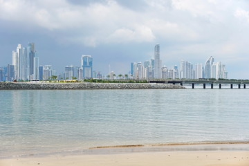 Naklejka premium Panama City skyscrapers skyline viewed from beach
