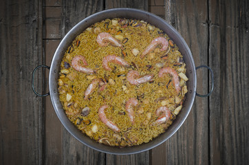 Typical Valencian food noodles with prawns. Spanish food.