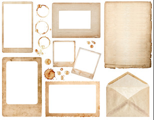 Old used paper, envelope, photo frames and coffee stains scrapbo