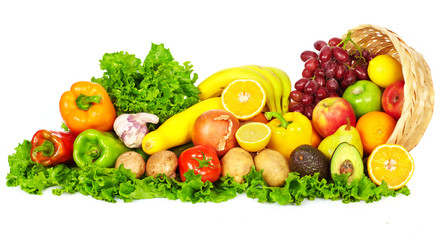 Vegetables and fruits over white background.