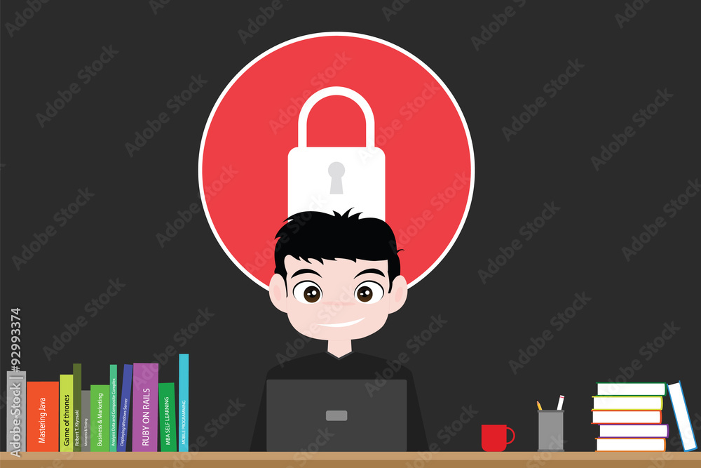 Poster hacker smile and work to hacking