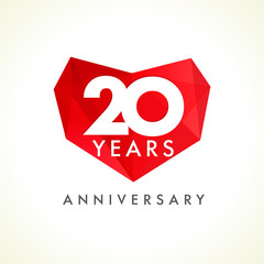 20 anniversary heart logo. Template logo of twenty jubilee in facet heart shape.