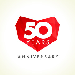 Fototapeta premium 50 anniversary heart logo. Template logo of fifty jubilee in facet heart shape.