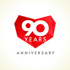 90 anniversary heart logo. Template logo of ninety jubilee in facet heart shape.