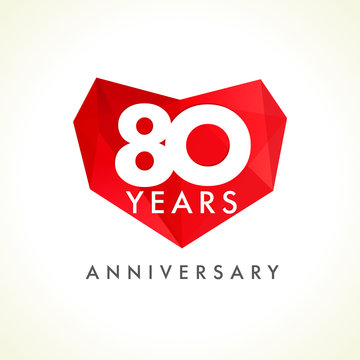 80 Anniversary Heart Logo. Template Logo Of Eighty Jubilee In Facet Heart Shape.