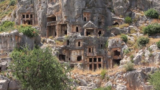 Rock-cut tombs of the ancient Lycian necropolis. Myra old name - Demre Turkey