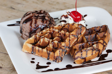 Sweets, waffles and ice cream.