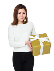 Young woman hold with present box