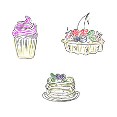 cakes, desserts, sketch, doodle, vector, illustration
