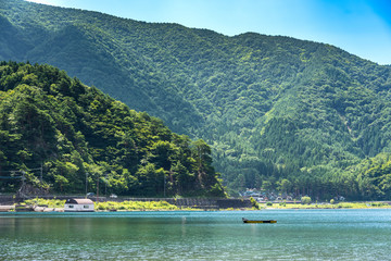 Fototapeta na wymiar japan lake and mountain view, Summer time lake with boat nearly mountain Fuji