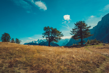 Beautiful mountain panorama in Julian Alps in Slovenia. This is a typical postcard from Slemenova spica with the mighty Jalovec in the backround.