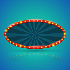 Oval retro light banner with light bulbs on the contour. Vector illustration. Can use for promotion advertising.