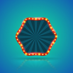 Hexagons retro light banner with light bulbs on the contour. Vector illustration. Can use for promotion advertising.