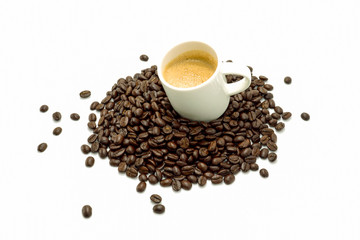 Coffee and beans on the white background.